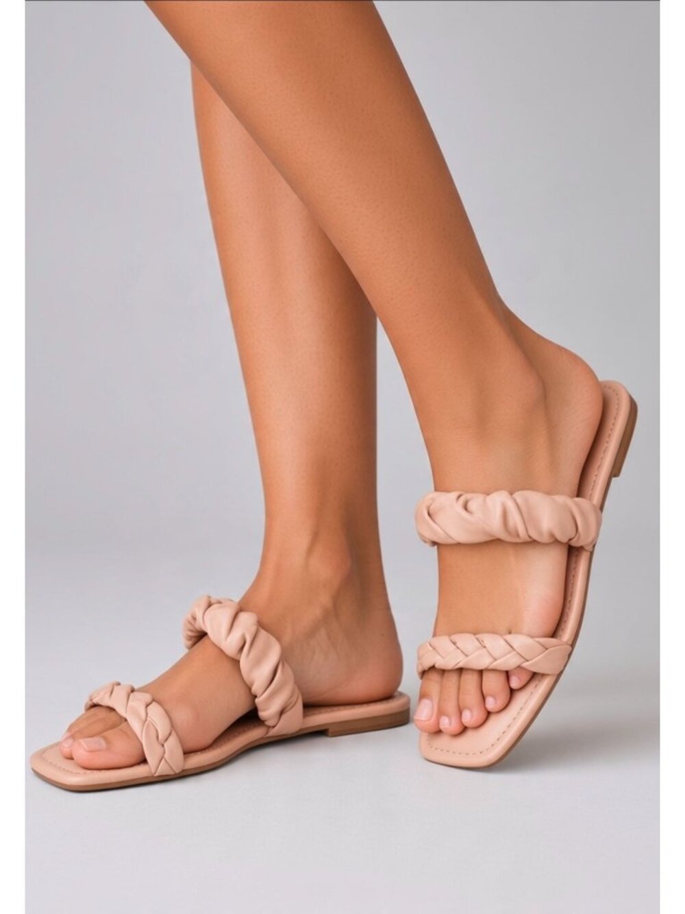 Nude PU Square Toe Sandals With Braided Strap & Padded